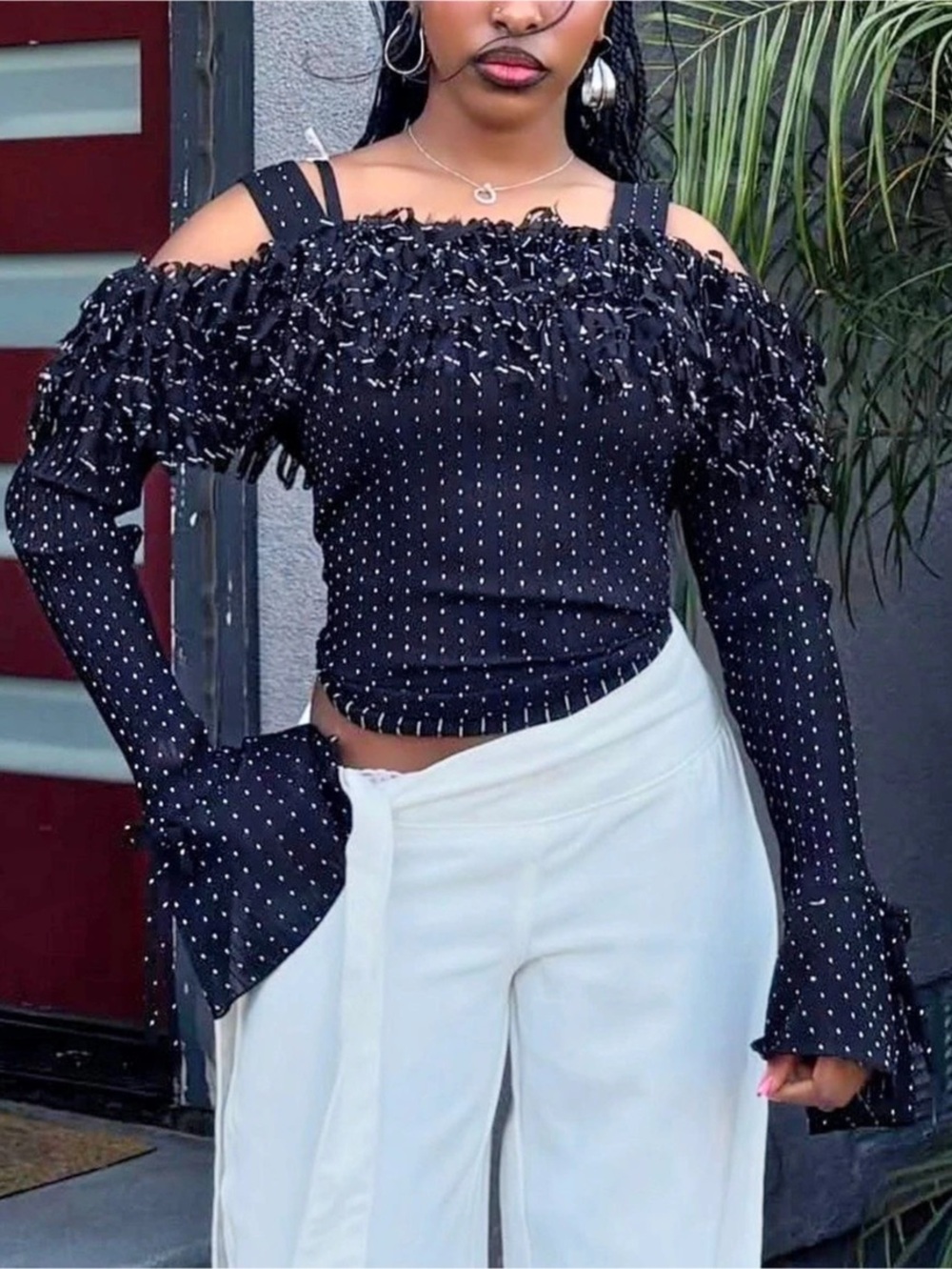 Vintage y2K Kaely N Max Black Polka Dot Off-Shoulder Top Size Large